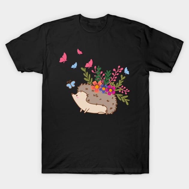 Flowers Hedgehog Design Cute Hedgehogs Kids Adult Gift Print T-Shirt by Linco